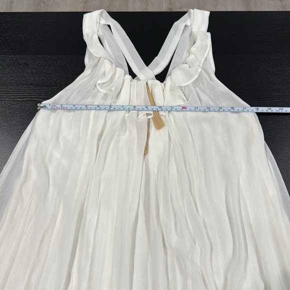 Lucca Couture Elegant White Flowy Dress with Ruffle Neckline and Tan Bow - L - Picture 11 of 11